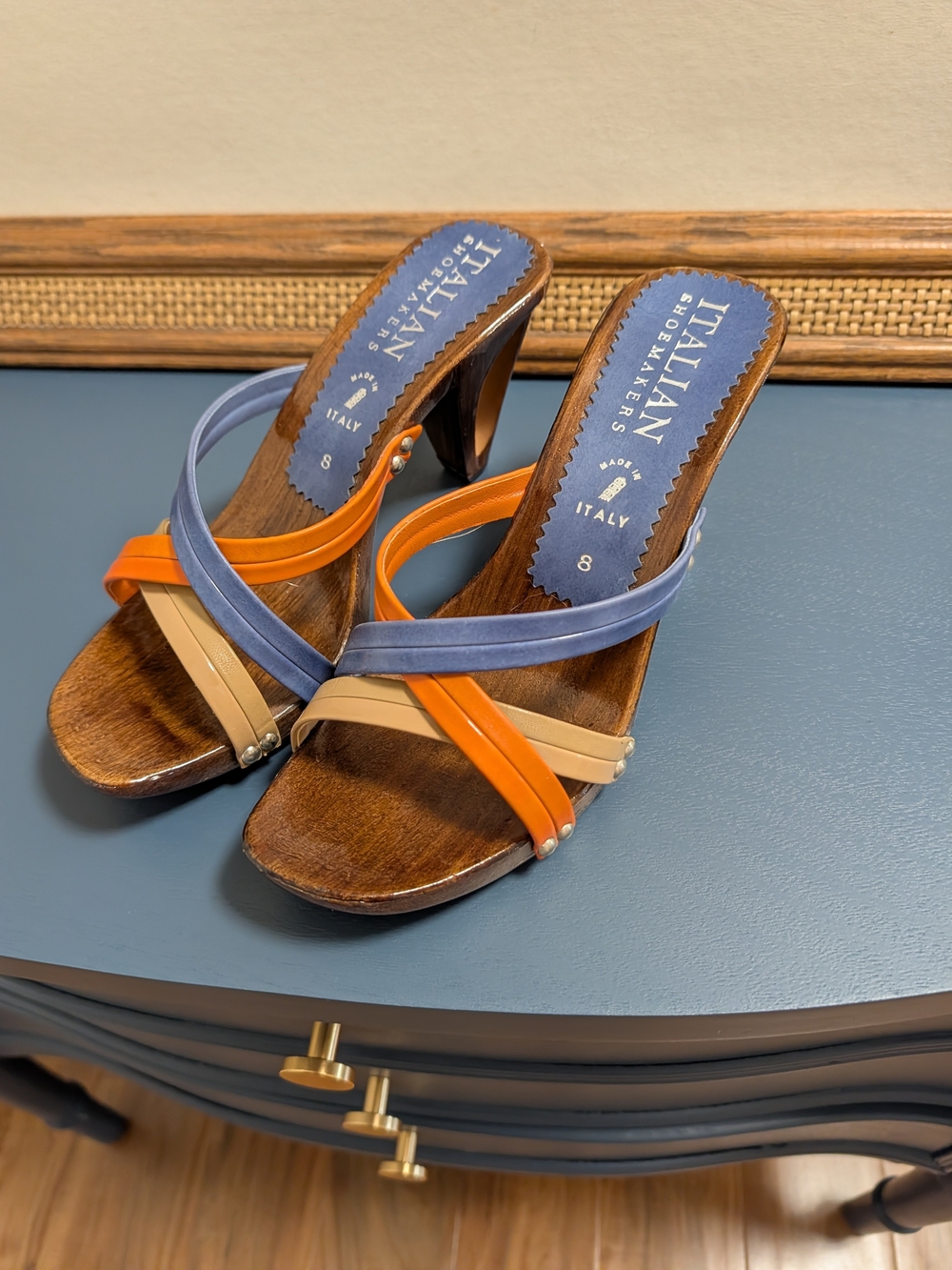 Vintage Italian Shoemakers Orange, Blue & Beige Strappy Heeled Sandals